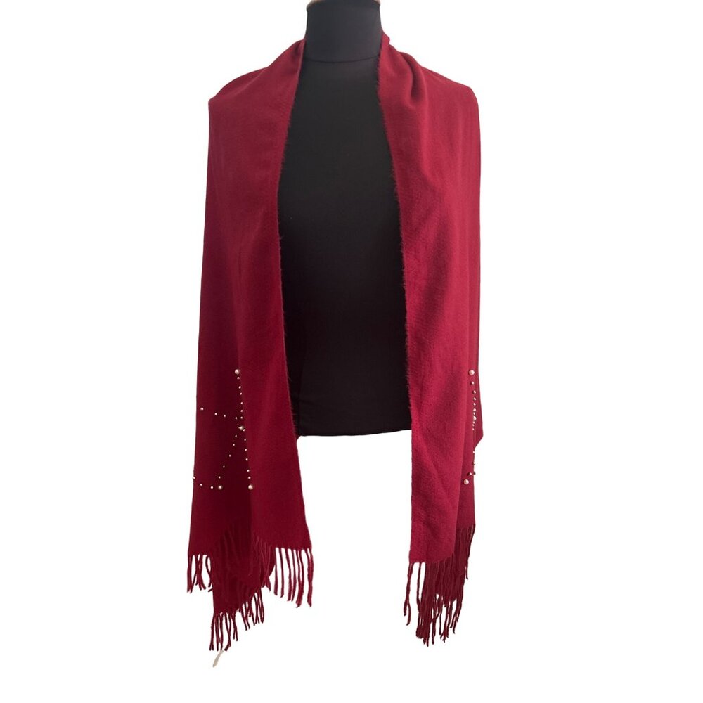 Jessica McClintock Dark Red Shawl With Pearl/Silver Ball Accents